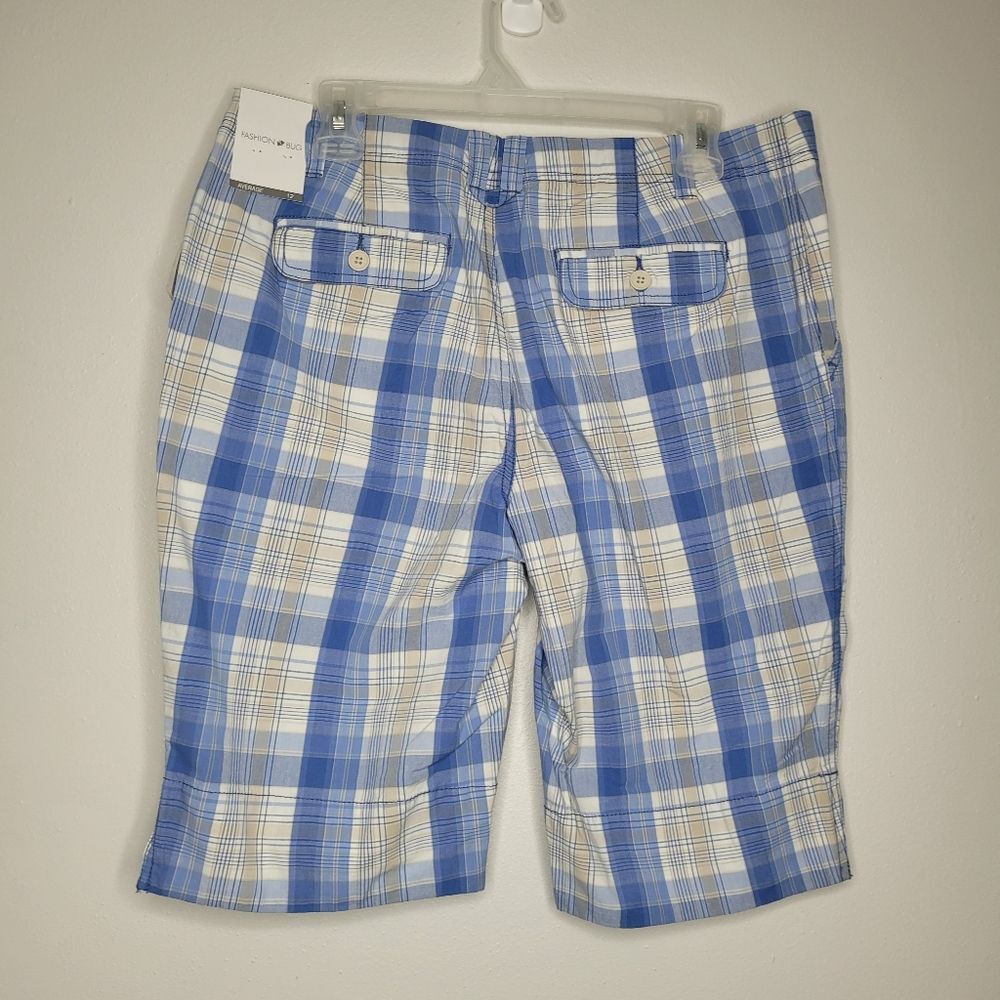 Vintage y2k Fashion Bug blue white plaid Bermuda preppy shorts size 12 NWT - Picture 2 of 7